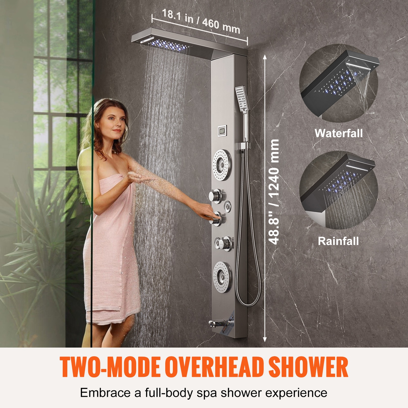 Shower Panel System With Rainfall Waterfall And Massage Jets_voghion.com